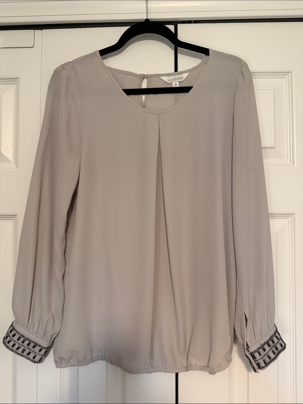 Charming Charlie Light Taupe Long-Sleeve Pleated Blouse